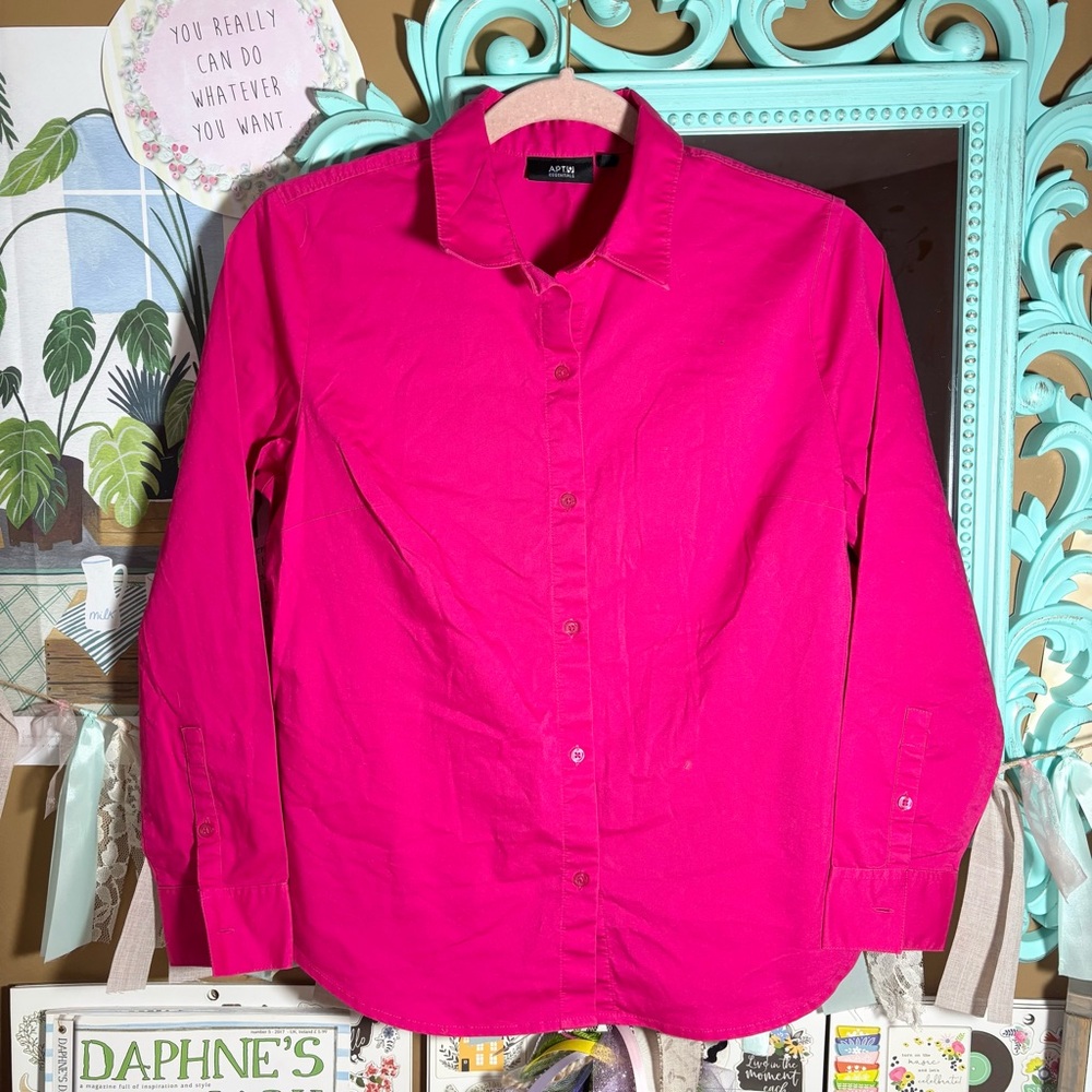 Apt.9 Essentials Hot Pink Long Sleeve Button Down Top Shirt Women’s Sz.Petite PM